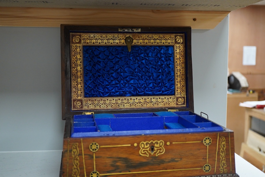 A Victorian brass inlaid rosewood workbox, together with two kukri knives, each 45cm in length